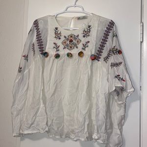 Zara embroidered pompon linen top